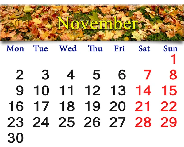 Kalender för November för 2015 med gula blad — Stockfoto