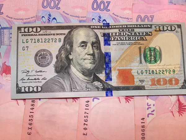Sto dolarů a grivnas bankovek — Stock fotografie