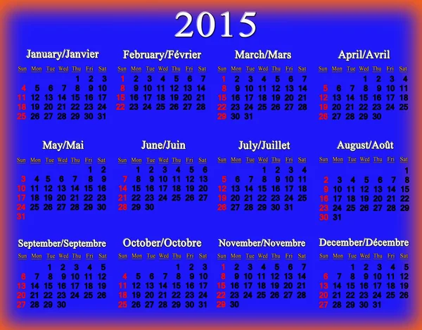 Calendario azul para 2015 año en inglés y francés — Foto de Stock