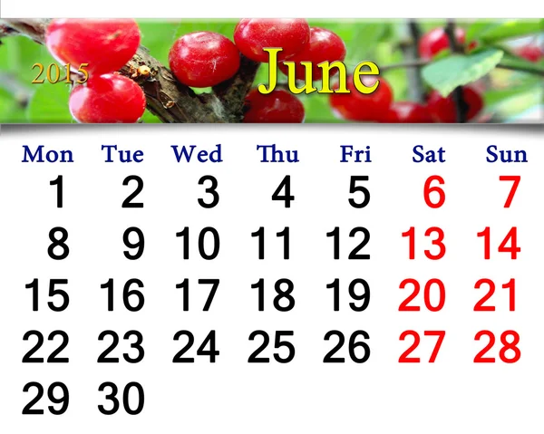 Calendar for June of 2015 year with berries of Prunus tomentosa — Stock Photo, Image