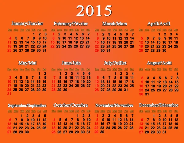 Calendario per il 2015 anno in inglese e francese sull'arancione — Foto Stock