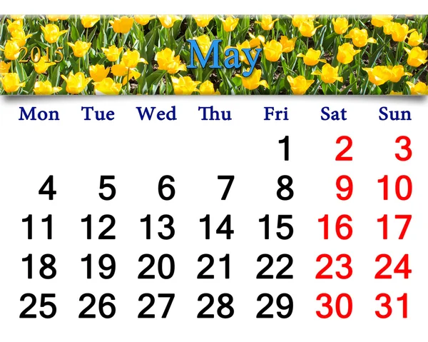 Kalendarz dla maja 2015 roku z żółte tulipany — Zdjęcie stockowe