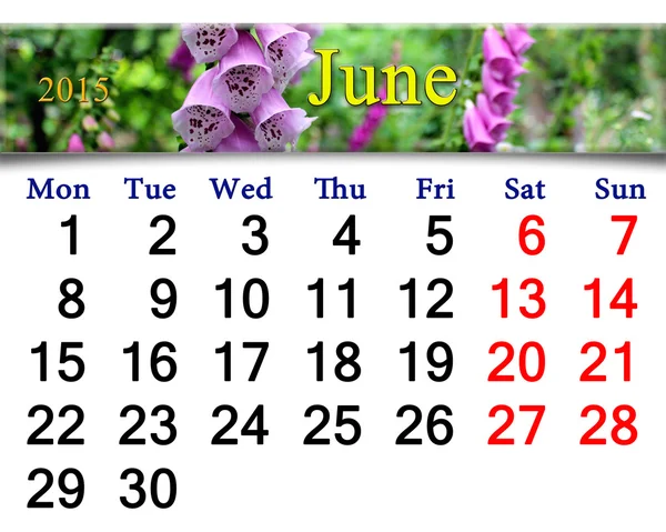 Calendar for June of 2015 year with lilac bluebells — Stock Photo, Image