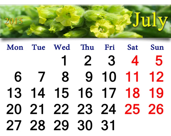 Kalender för juli 2015 med blommor av tobak-anläggning — Stockfoto