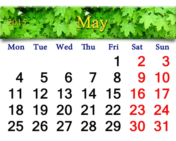 Calendar for May of 2015 year with image of maple — Stock Photo, Image