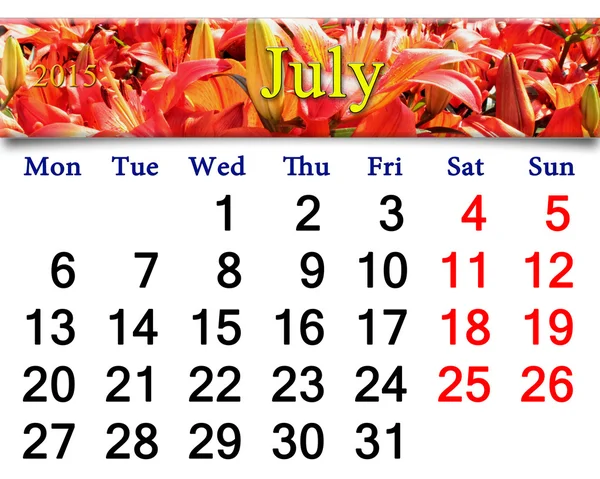 Naptár 2015 júliusáig a vörös liliom — Stock Fotó