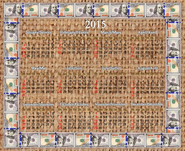 Kalender für das Jahr 2015 im Dollarrahmen auf der Packung — Stockfoto