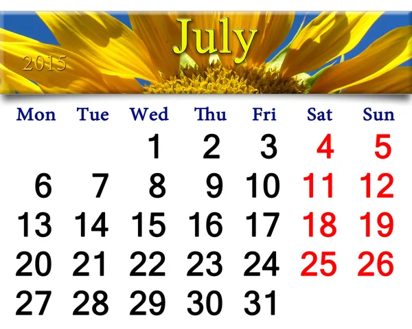 Calendario per 2015 anno con girasole grande — Foto Stock