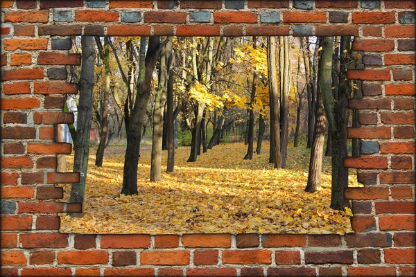 壊れたレンガの壁と秋の公園を表示 — ストック写真