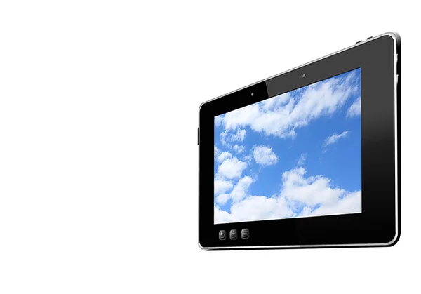 Tablet preto com imagem do céu azul isolado — Fotografia de Stock