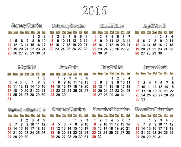 Calendario 2015 año en inglés y francés — Foto de Stock