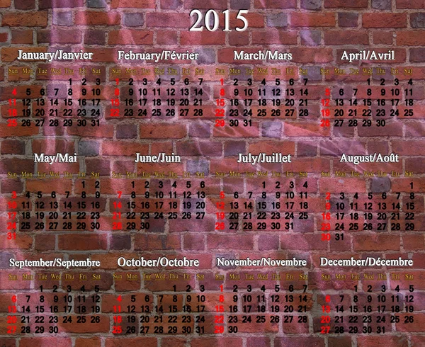 Kalendář na rok 2015 v angličtině a francouzštině — Stock fotografie