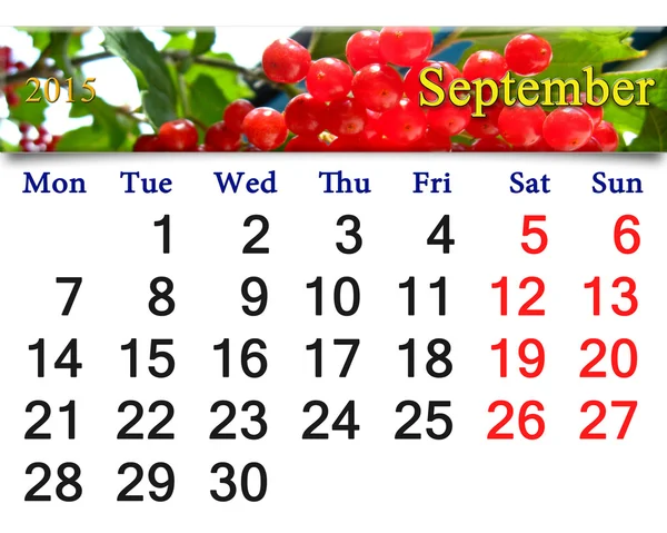 Calendário para setembro de 2015 com árvore de bola de neve — Fotografia de Stock