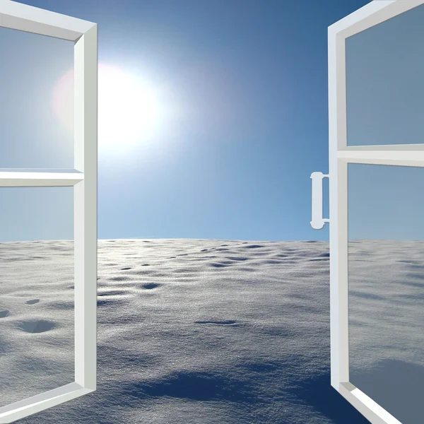 Ventana abierta al paisaje solar de invierno — Foto de Stock