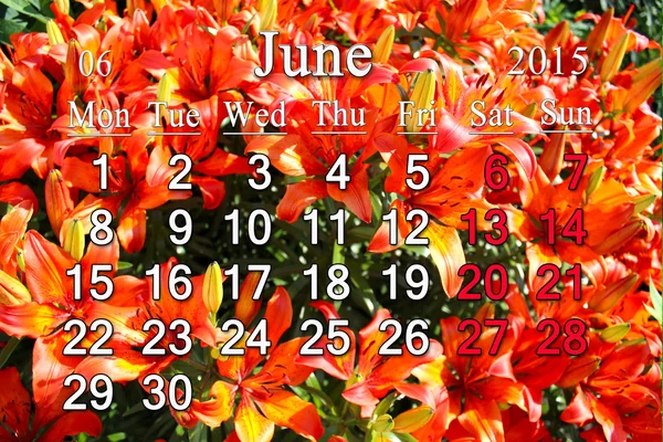 Kalendář na červenec 2015 na pozadí červené lilie — Stock fotografie