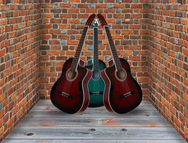 Три гитары в углу комнаты — стоковое фото