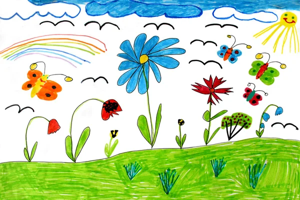 Kinder tekening met regenboog vlinders en bloemen — Stockfoto