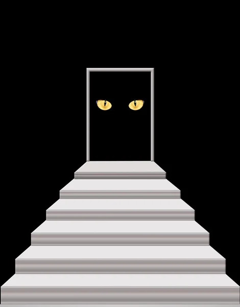 Stairs leading to the door with cat's eyes in darkness — Stock Photo, Image