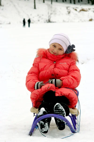 Pretty girl sitting on the sledge — Stock Photo, Image