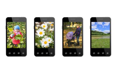 dört akıllı telefonlar üzerinde beyaz izole renkli görüntülerle 