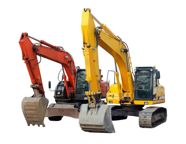Two modern excavators isolated on the white — Stock Photo, Image