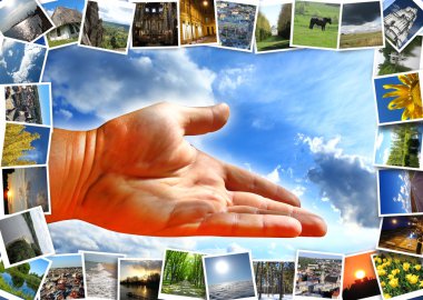 çok fazla rengarenk resim ve el gökyüzü üzerinde sunan