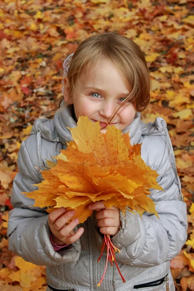 Liten flicka med blad — Stockfoto