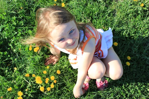 Meisje liggen op het gras met paardebloemen — Stockfoto