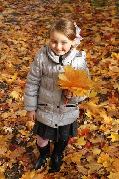 Bambina con foglia gialla in autunno — Foto Stock