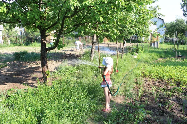 Girl watering a kitchen garden — Stock Photo, Image