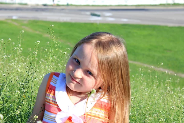 Retrato de una niña tendida en la hierba — Foto de Stock