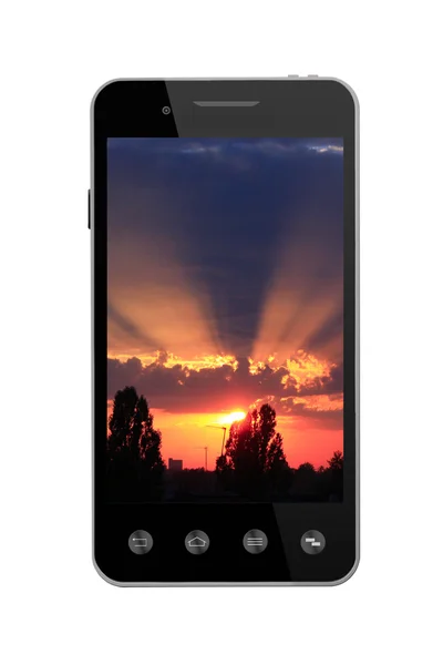 Smart-telefon med bild av solnedgång på vit — Stockfoto