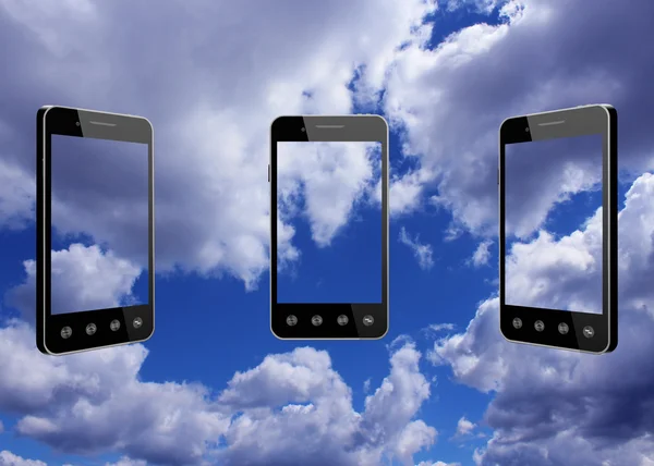 Smart-telefoner transparent på blå himmel bakgrund — Stockfoto