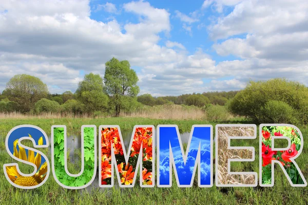 Λέξη καλοκαίρι από διαφορετικά γράμματα και τοπίο — Φωτογραφία Αρχείου