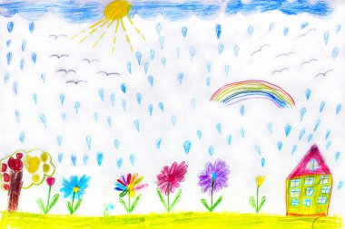 Evde çiçek ve gökkuşağı çocuk çizim