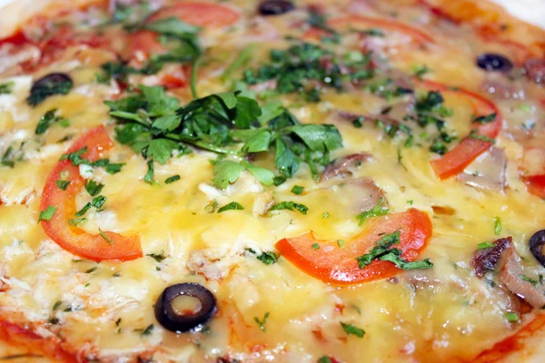 Pizza läckra med oliver och tomater — Stockfoto