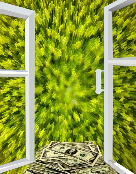 Janela aberta para abstração verde e dólares — Fotografia de Stock
