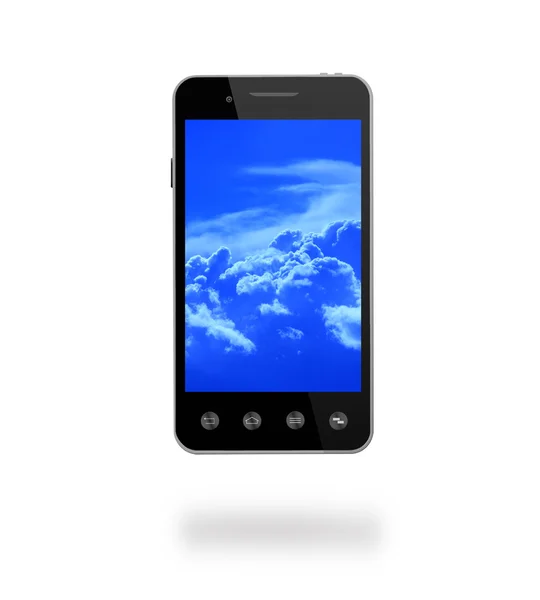 Smart-phone con foto de nubes azules — Foto de Stock