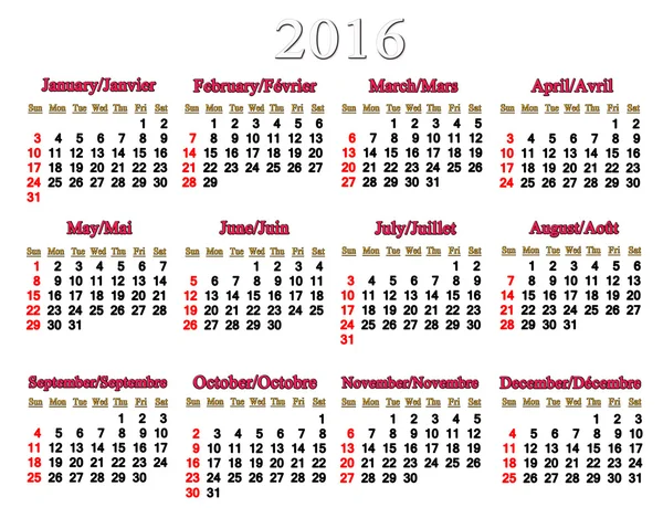 Calendário para 2016 em inglês e francês — Fotografia de Stock