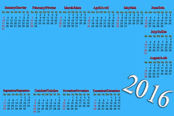 Calendar for 2016 in English and French with place for text — Stock Photo, Image