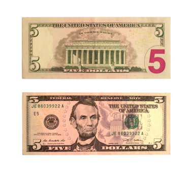 Amerika Birleşik Devletleri beş dolarlık banknot izole 