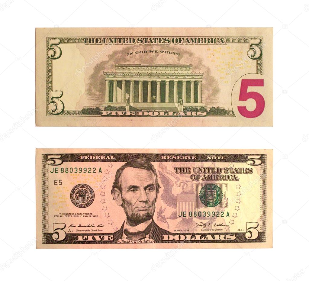 United States five-dollar bill isolated 