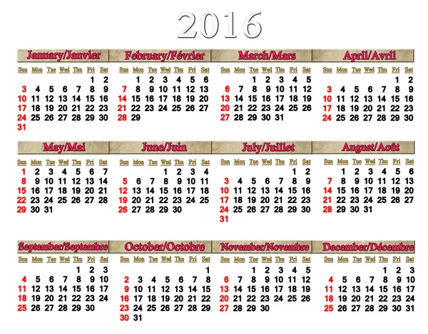 Calendar for 2016 in English and French on white — Stock Photo, Image