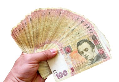 Ukraynalı para değeri 100 izole elinde