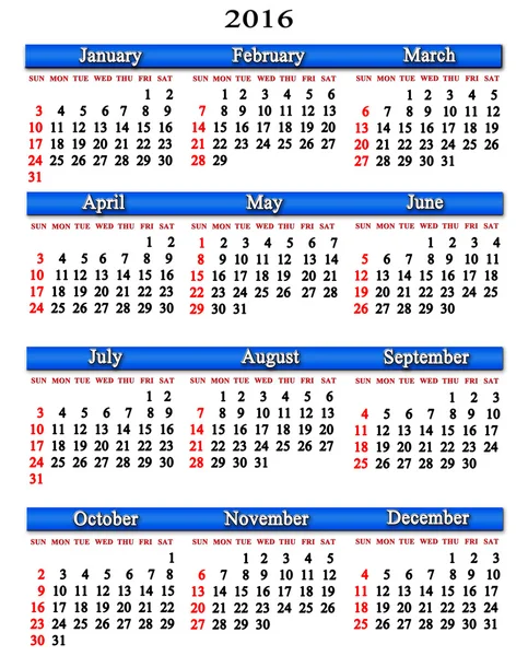 Kalender für 2016 auf weißem Hintergrund — Stockfoto
