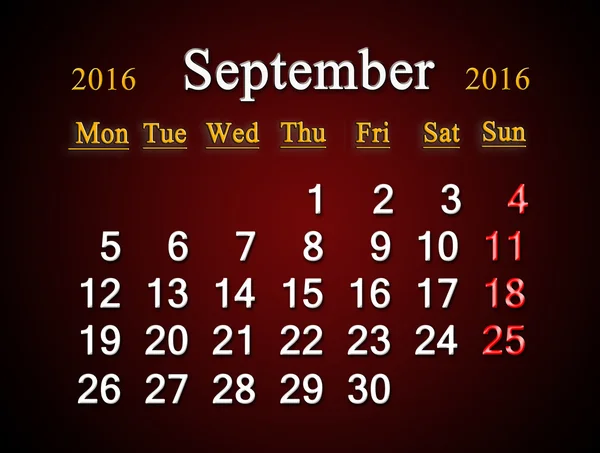 Calendário em setembro de 2016 em clarete — Fotografia de Stock