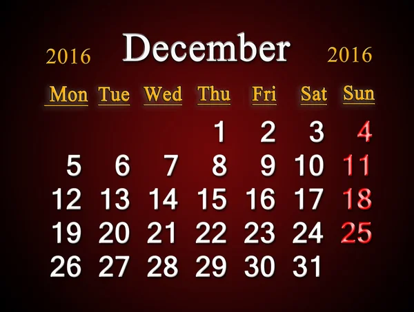 Calendar of December of 2016 on claret — Stock Photo, Image