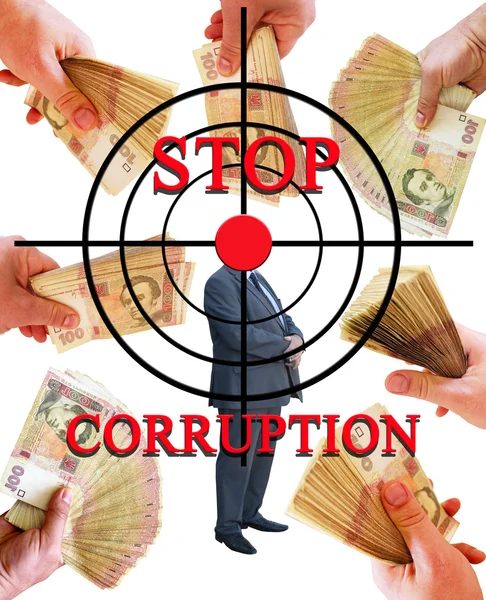 Inscripción detener la corrupción con blanco y mano con dinero — Foto de Stock