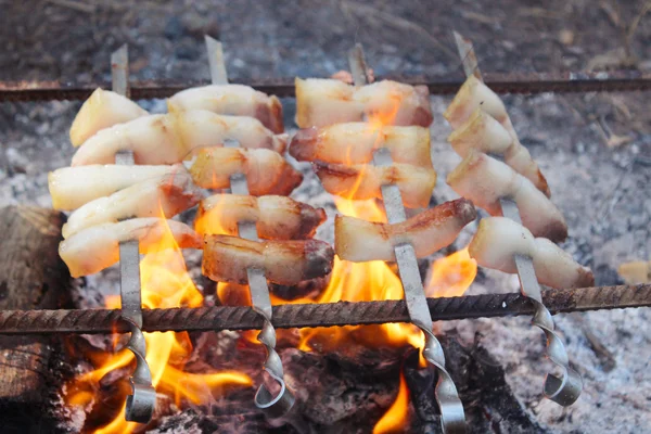 Gebakken stukken van reuzel koken op de brand — Stockfoto