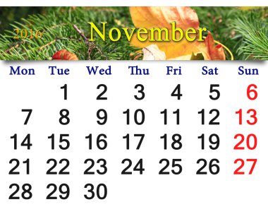 Kasım 2016 Ladin üzerinde sarı yaprak için Takvim